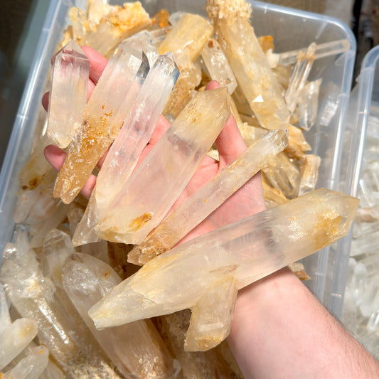 Golden Healer Blue Smoke Lemurian Quartz Crystal Points/Wands (Mixed Size) by the kilo BULK