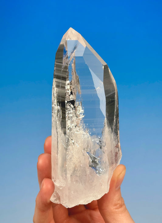 ペニャス・ブランカス コロンビア産 レムリアンクォーツ クリスタルポイント 巨大なタイムリンクウィンドウ付き (CO-236) 340g