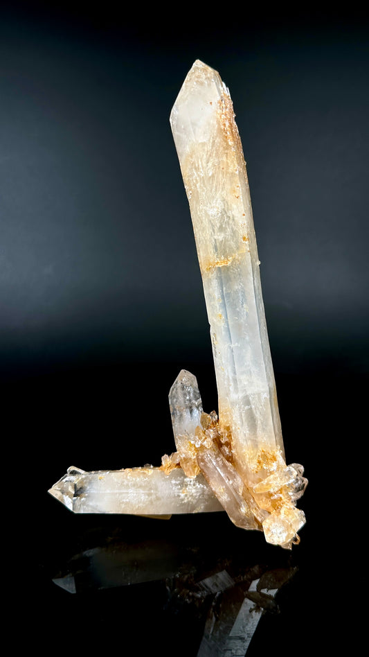 コロンビア産、非常に希少なダブルターミネーテッドDNAインターツイーンブルースモークゴールデンヒーラーレムリアンクォーツクリスタルポイント（CO-202）402g