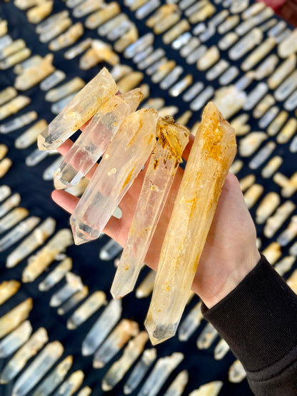 Golden Healer Blue Smoke Lemurian Quartz Crystal Points/Wands (Mixed Size) by the kilo BULK